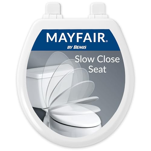 Mayfair Linden Slow Close Toilet Seat, Non Slip Heavy Duty Wood, Easy Install, Round, White