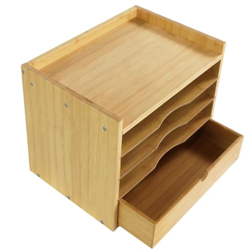 5-Tier Bamboo Desk Organizer with Drawer and Shelf for Home Office School Supplies