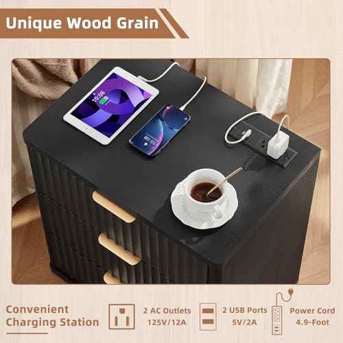 Image of LEYAOYAO 23 inch Wide Fluted Night Stand with Charging Station,3 Drawers Large End Table with Storage,Black Nightstand Wood Bedside Tables, Farmhouse Cabinet Dresser for Bedroom,Closet