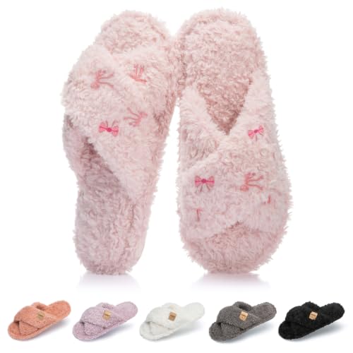 Image of GOEWY Fuzzy Open Toe Slippers for Women Cozy Memory Foam House Shoes Indoor | Cute Cross Band,Soft Faux Fur,Anti-slip Sole Outdoor,Machine-washable,Lightweight,Slip on Gifts for Women,Mom and Bridesmaid