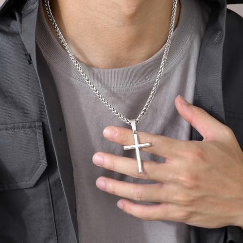 IRONBOX 925 Sterling Silver Cross Necklace for Men Women with 3MM Stainless Steel Strong Durable Wheat Chain 18K White Gold Plated Crucifix Pendant Necklace Jewelry 16-30 Inches2