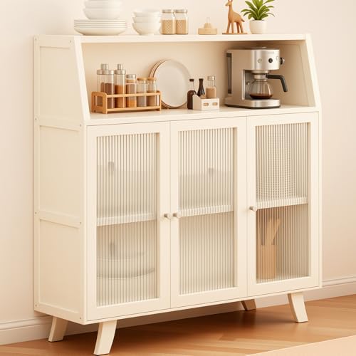 YGOTUY 竹製 食器棚 多機能 アクリル扉 キッチンキャビネット 防塵 調味料入れ リビング収納 オープン多層 収納ラック 簡単組立 省スペース おしゃれ 安定性 北欧風 トールキャビネット ティーセット収納 キッチン/リビング/パントリー対応 日本語