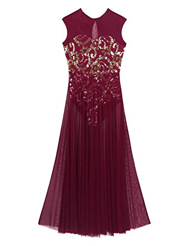 JanJean Womens Lyrical Floral Sequin Tank Leotard Maxi Dress Contemporary Ballet Dance Dress Wine_Red XL - Thumbnail 2