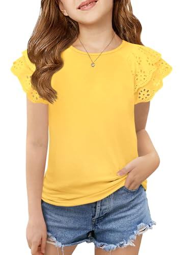 Image of Haloumoning Girls Ruffle Sleeve T Shirts Summer Short Sleeve Casual Cute Crewneck Tops Tees 5-14 Years