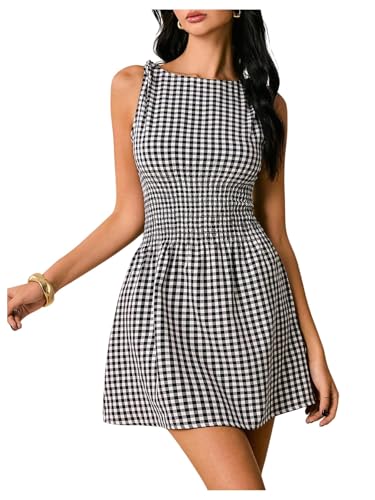 Floerns Women's Tie Shoulder A Line Gingham Dress Boat Neck Mini Checkered Elegant Dresses Black and White Medium