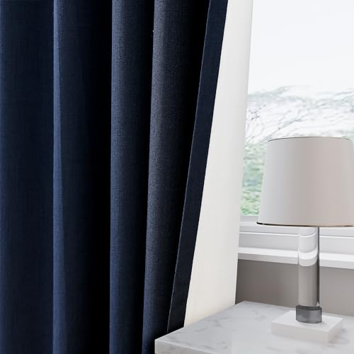 Image of Navy Blue 100% Blackout Linen Curtains for Bedroom 45 Inches Long Back Tab Thermal Insulated Modern Luxury Nautical Decor Black Out Curtain for Living Room Dining Room Drapes 52x45, 2 Panels