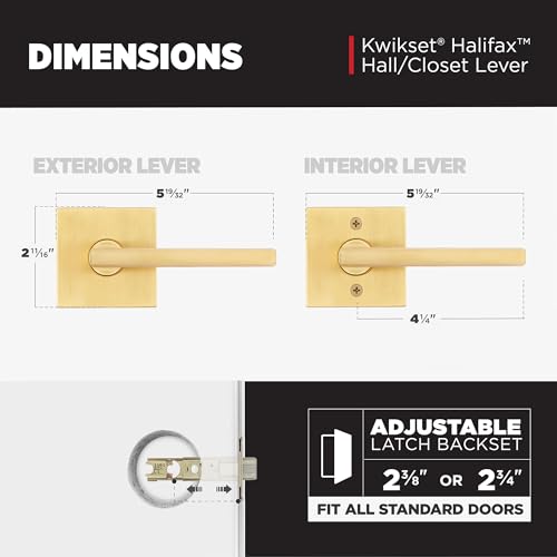 Image of Kwikset Halifax Slim Square Passage Door Lever, Modern Interior Hallway and Closet Door Handle, Non-Locking Reversible Leverset, Satin Brass Finish