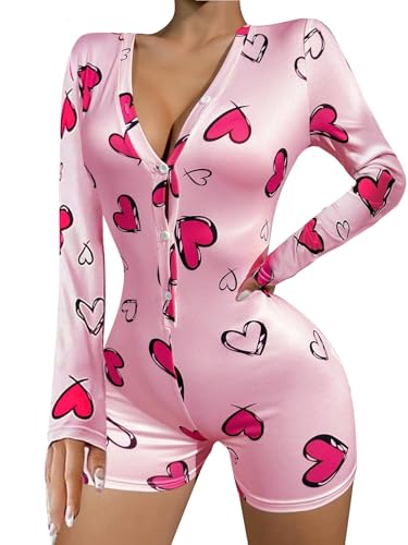 WDIRARA Women's Heart Cherry Print Romper Pajama V Neck Long Sleeve Button Front Sexy Onesie Bodycon Overall Pink Large