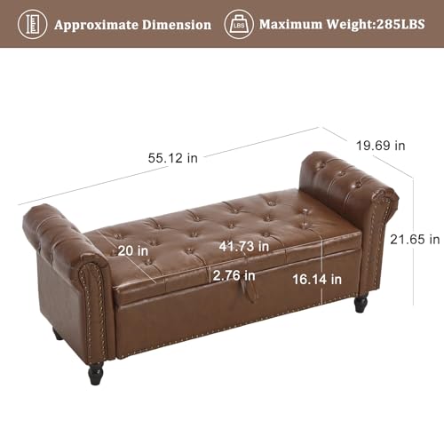 Furniliving 55” End of Bed Bench, Bedroom Bench with Button-Tufted, Large Upholstered Storage Ottoman Entryway Bench with Storage Shoe Cabinet Bench, for Bedroom, PU, Brown
