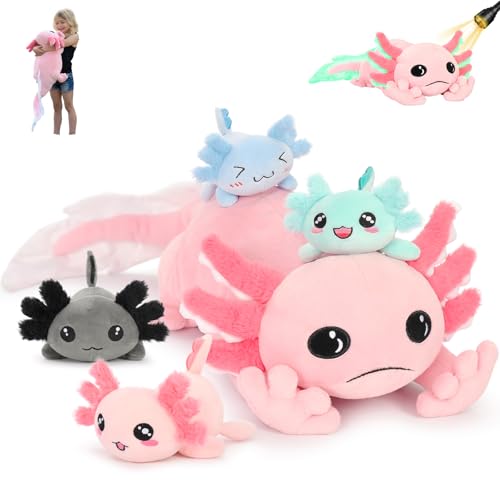 Image of MaoGoLan Pink Axolotl Stuffed Animal with Babies Inside, 31.5 inch, 5Pcs | Glow in The Dark Axolotl Plush Toy Set, Axolotl Stuffy Salamander Body Pillow, Girl Boy Kid Birthday Gift Baby Shower Decor
