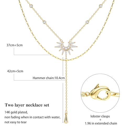 Dochais Dainty Gold Layered Necklace for Women, 14K Gold Plated Y Necklace & Chain, Dainty Lariat Long Necklaces, Trendy Cubic Zirconia Choker, Sun, Heart, Pearl & Cross Pendant Necklace, Jewelry Gift2