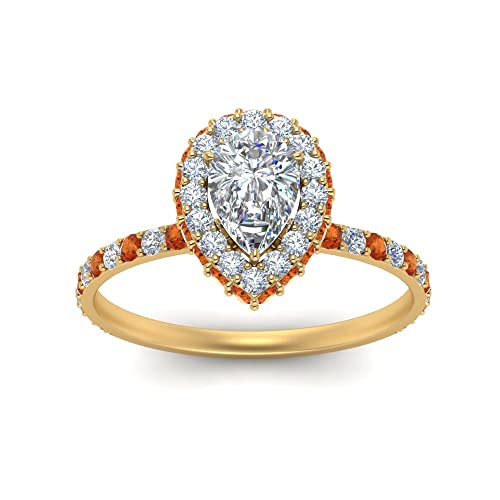 Image of Choose Your Gemstone Pave Rollover Pear Halo Engagement Ring Yellow Gold Plated Pear Shape Halo Engagement Rings Matching Jewelry Wedding Jewelry Easy to Wear Gifts US Size 4 to 12