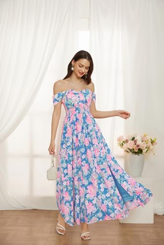 Image of GRACE KARIN 2026 Women's Summer Floral Wedding Guest Dress,Beach Flowy A Line Maxi Off Shoulder Bridesmaid Dresses