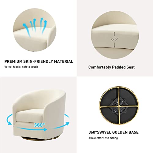 Hulala Home Swivel Accent Chair With Gold Metal Base, Set Of 2 Contemporary Velvet Curved Swivel Barrel Chair, Upholstered Club Armchair, Leisure Single Sofa For Living Room, Nursery, Bedroom(Ivory) #TOP4