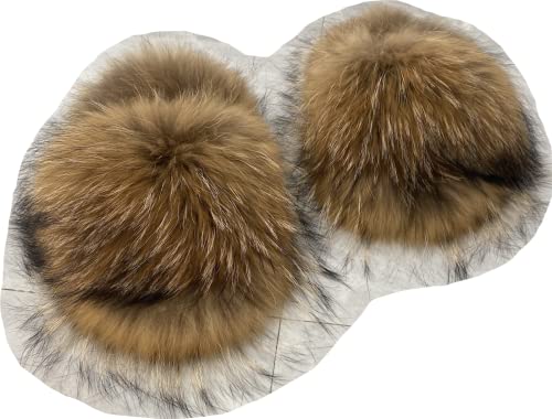 FURINFASHION RSF1 Real Raccoon Fur Slippers For Women With Fur Insole Big Fluffy Fur Outdoor Slides Furry Fuzzy Shoes Holiday Beach Show Footwear (13, natural brown)