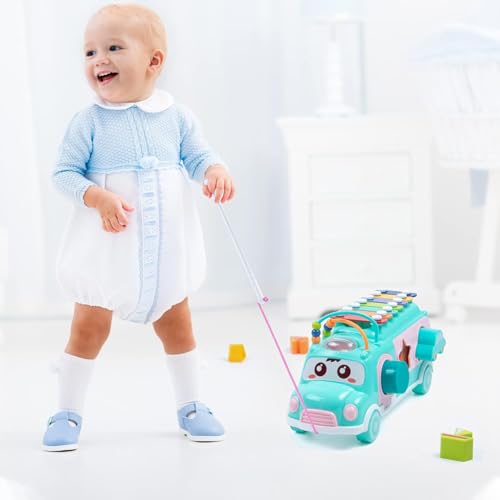 Image of PLUSPOINT Activity Bus Baby School Bus Xylophone Toy for Toddlers Musical Bus Toys for 1 Year Old Shape Puzzles Knocking Xylophone Educational Musical Toys, Birthday Gifts for Boys and Girls