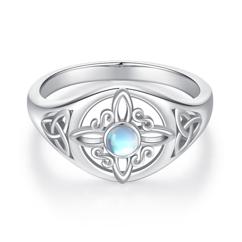 QHQPQ Anillo de nudo de bruja para mujer, plata de ley 925, piedra lunar, anillo de bruja, joyería celta, regalo de cumpleaños para mujeres y novias, 9, Plata de ley, Piedra lunar