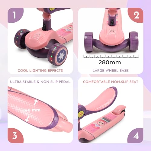 Image of Foldable 3 Wheel Kids Scooter with Seat | 4-Level Adjustable Handlebar | PU LED Wheels | Light & Music | 2 in 1 Skate Cycle Scooter for Boys & Girls 3-10 Years (KS-113 Pink /Purple)