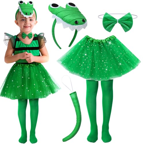 Newcotte 5 Pcs Halloween Costume Set Chicken Crocodile Snake Headband Bowtie Tail Tutu and Socks Accessories(Crocodile Kid)
