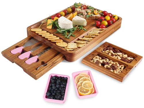 hecef Tabla de Quesos de Madera, Incluye Gran Tabla para Quesos y Aperitivos con Cuchillos, Tenedores de Postre, 2 Magnéticos Ocultos y Cuencos de Silicona Rosa, Regalo Ideal para Navidad y Fiestas