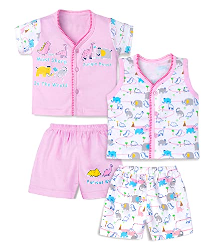 Image of mustmom Newborn Baby Cotton Jhabla Set | 0-3 Months | Combo of 1 T-Shirt, 1 Vest & 2 Shorts Set | Soft Breathable Summer Wear | Gift Set