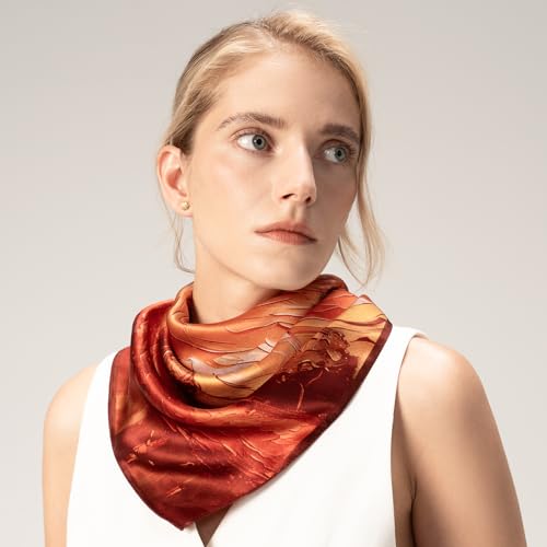 Head Silk Satin for Women Head: Bandana Scarves Hair Satin 27'' x 27'' - Orange Yellow Classic Design - 100% Mulberry Square Scarf - Reinforced Edges Holiday Gift2