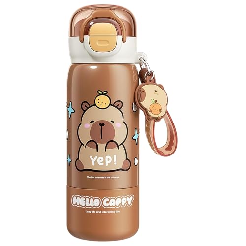 ZenithAura Trinkflasche Mit Strohhalm, taza de café de cerdo de agua dulce, bolsa de cosméticos, botella de agua kawaii, botella de agua caliente Capibara, botella de agua capibara, taza de capibara