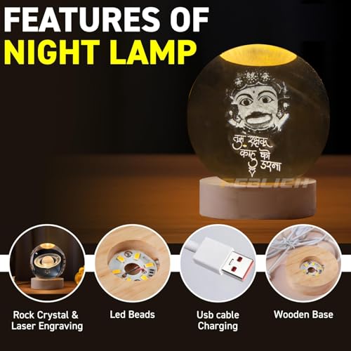 Image of 3D Hanuman Crystal Ball Night Lamp, Solar System Hanuman Crystal Ball Night Light, USB Table Colorful LED Wooden Crystel Ball for Home, Office, Birthday Gift (Kashtbhanjan Hanuman)