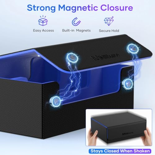 Image of Mlikero Trading Card Storage Box, Bulk Card Storage for 1800+ Sleeved Cards, PU Leather Magnetic Closure Card Organizer with 10 Dividers & 3 Foam Stoppers, Fit for MTG, TCG and Sports Cards (Blue)