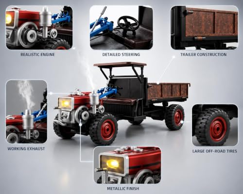 Image of RC Farm Tractor with Trailer Toy | 2.4GHz Remote Control, LED Lights, Smoke Spray, Realistic Sound, USB Rechargeable, Full Proportional Steering