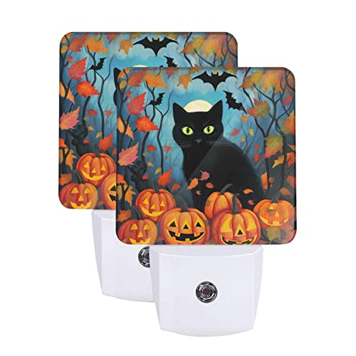 Image of Black Cat Leaves LED Plug-in Night Light 2-Pack, Auto Sensor Emergency Halloween Pumpkin Nightlights Set of 2 for Dawn Bedroom Kitchen /Dusk Bathroom /Night Stairs Hallway Toilet