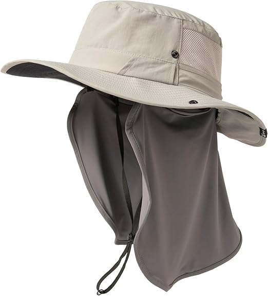 TOP-EX XL/XXL Mens Wide Brim Sun Hat with Sunglass Lock UV Protection Summer Hats with Neck Flap Waterproof Outdoor Fishing Safari Hat Packable Grey