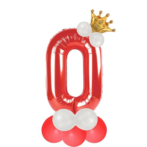 Image of Red 0 Number Foil Balloon with Crown & Base Balloons | 32 Inch Helium Supported for Birthday, Anniversary, Baby Shower Decoration - Pack of 14