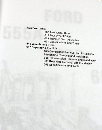 Manual page showing table of contents for front axle, wheels, tires, and unit separation