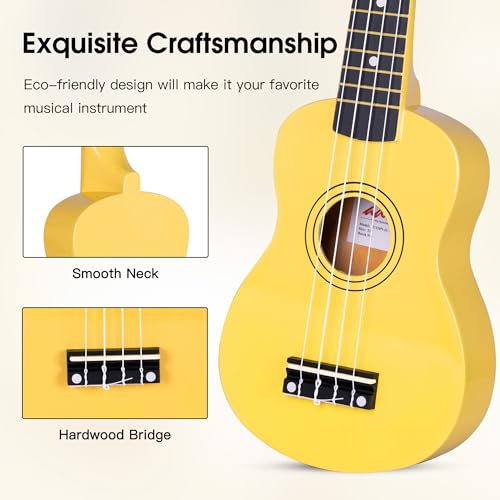 Image of ADM Ukulele for Beginners Hawaiian Wood Ukelele Kit for Kids Adult Student Starter Professional Ukalelee Pack Bundle with Free Lessons Gig Bag Strap Nylon String Tuner (Baby Yellow, 21 Inch)
