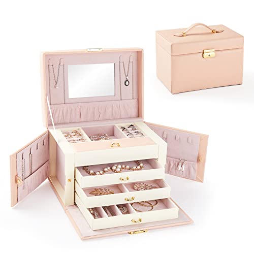 Meerveil Joyero, Caja de joyería, Organizador de Joyas con 4 Cajones, Grande Joyero con Espejo y Cerradura, para Anillos, Pulseras, Collares, Regalo, Rosa Cover
