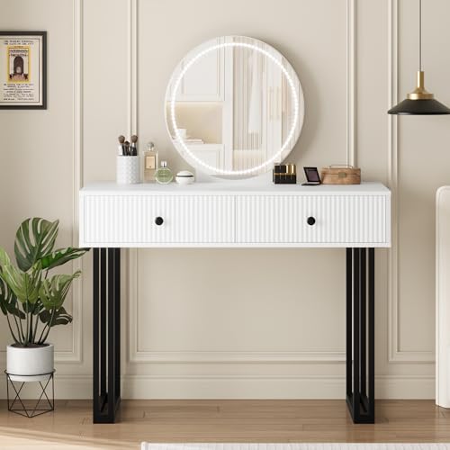 Garvee Modern White Makeup Vanity Desk with Mirror and Lights, Vanity Table with 3 Color Adjustable Brightness, 2 Drawers for Bedroom Dressing Room - image 1