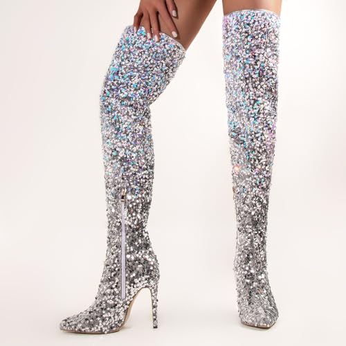 Women's Thigh High Glitter Boots Over The Knee Sexy Stilettos High Heel Boots Rhinestone Sequin Side Zipper Sparkly Ladies Party Dress Boots2