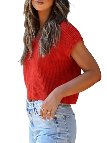 Image of LCXWFE Womens Summer Cropped Sweater Vest Trendy Cap Sleeve Crop Tops Crew Neck Loose Knit Tank Top