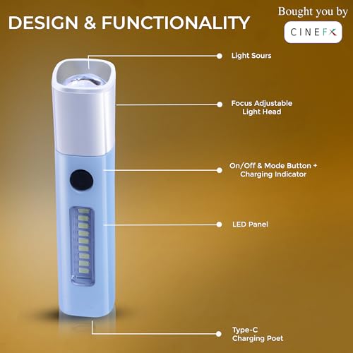 Image of Tactical Rechargeable Flashlight Torch, Telescopic Zoom, Dual Brightness & SOS Modes, Side LED Panel, 1000 Lumens, Handheld, for Camping & Emergencies