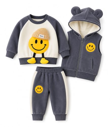 Image of Bold N Elegant Kids Polyester Printed 3d Happy Smile Face Cartoon Winter Warm Hoodied Jacket Sweatshirt and Pajamas 3 Pc Layering Party Clothing Set