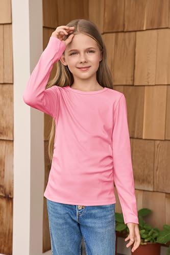 Image of Haloumoning Girls Long Sleeve Shirts Crewneck Ruched Side Slim Fit Tops Ribbed Knit Casual Tee Shirt 4-15 Years