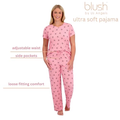 Blush by Us Angels' 4 Piece Women's Pajama Set, Cozy Short Sleeve Shirt and Drawstring Pants Sleepwear Set2