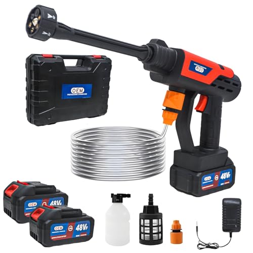 Image of OEM Portable Cordless Washer Gun 48V with Two 6 Ah Batteries, Extension Rod, Inlet Pipe, Foam Pot, Water Connector, Charger & Water Filter for Car, Home & Garden Cleaning