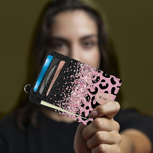 Image of Small Travel Wallets, Pink Glitter Leopard Slim Minimalist Front Pocket Wallet with Wristlet, RFID Blocking PU Leather Credit Card Holder with ID Window Change Purse for Men Women