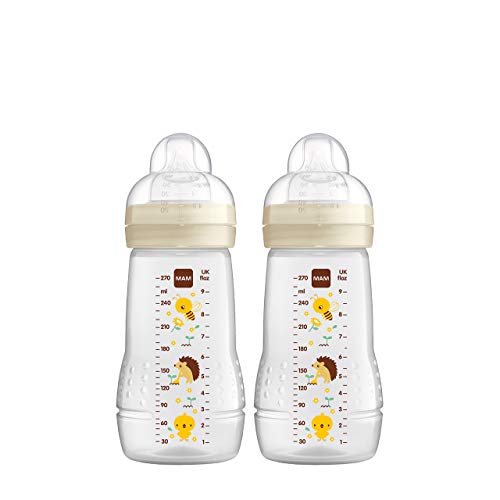 MAM Easy Active Lot de 2 bouteilles d'eau pour bébé (270 ml), avec tétine MAM Taille 1 en silicone SkinSoft, bouteille de lait de forme ergonomique, 0+ mois, abeille/hérisson