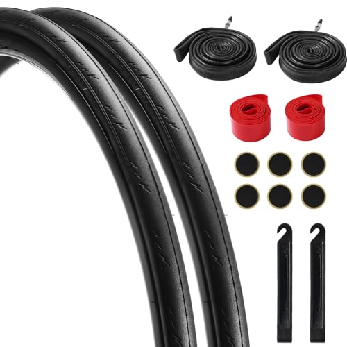 Lukasports 700x25c タイヤ 2本 ロードバイクタイヤ 700×25c & 700x25c-28c FV 48mm インナーチューブセット 折りたたみ交換タイヤ (ETRTO 25-622) 700×25c タイヤ パンク耐性タイヤ 都市道