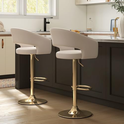 Conjunto de 2 butacos giratorios ajustables en cuero sintético beige con base dorada | Altura ajustable de 25" a 33", giro de 360°, respaldo ergonómico y reposapiés, cojín de espuma viscoelástica, resistente a manchas y fácil de limpiar miniatura 3