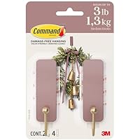 Command Medium Wall Hooks, Dusty Rose, 2 Hooks, 4 Strips, Damage-Free Hanging with Adhesive, No Tools Great for Hanging Home Decor, Holds up to 1.3kg