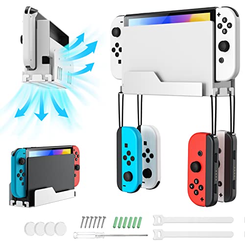 MoKo Soporte de Pared para Consola Nintendo Switch/Switch OLED, Soporte de Metal con Ganchos para Controlador Joy-con, con Agujeros Disipar Calor, Fácil Instalación Guarda Switch Cerca del TV, Blanco